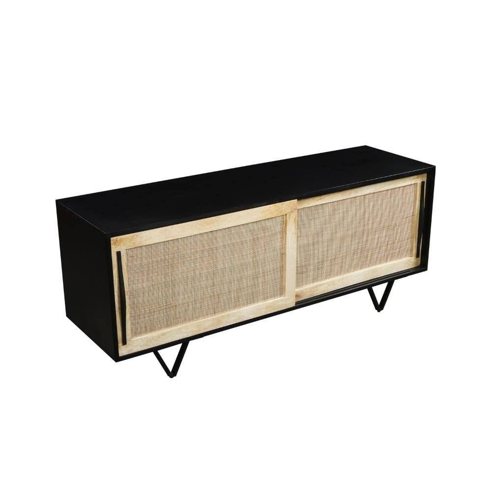 60" Black and Natural Wood TV Media Console with Cane Doors