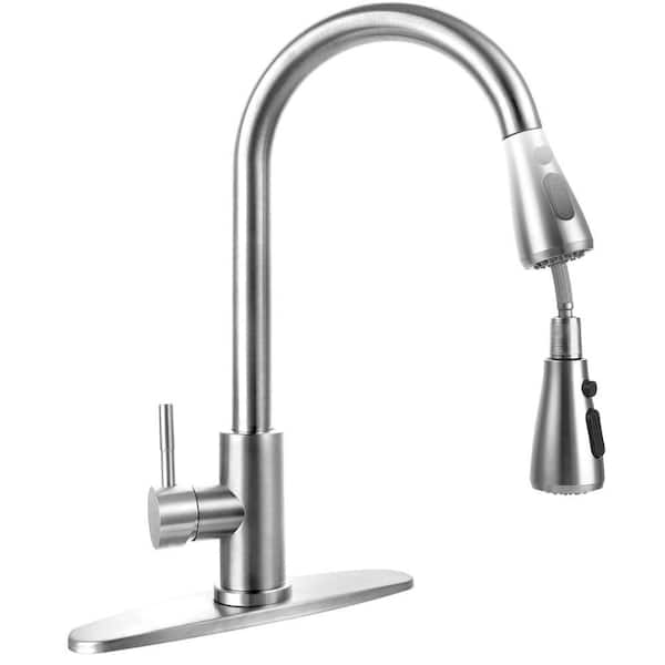Lukvuzo Farmhouse Single Handle Pull Down Sprayer Kitchen Faucet with RV Stainless Steel in Satin Nickel