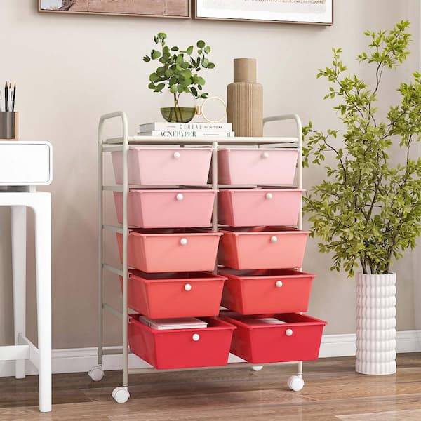 10-Drawer 4-Wheeled Plastic Storage Cart Utility Rolling Trolley Kitchen Office Organizer in Pink Gradient