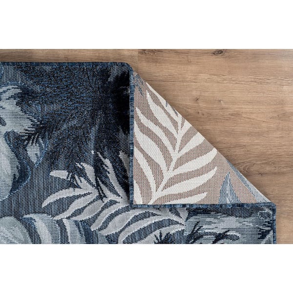 Jungle Navy 5 ft. x 7 ft. Washable Tropical Floral Indoor Outdoor