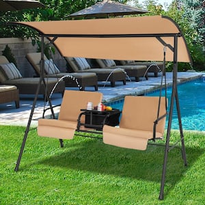 2-Person Metal Patio Swing Chair with Adjustable Canopy, 360° Rotatable Tray, Beige