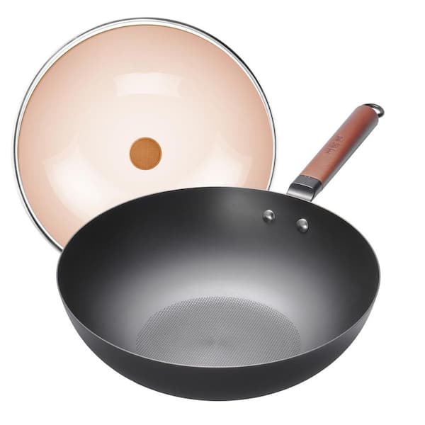 12.6 in Flat-Bottom Pure Iron Uncoated Wok with Glass Lid and Wooden Handle, Nitrided, Induction Safe