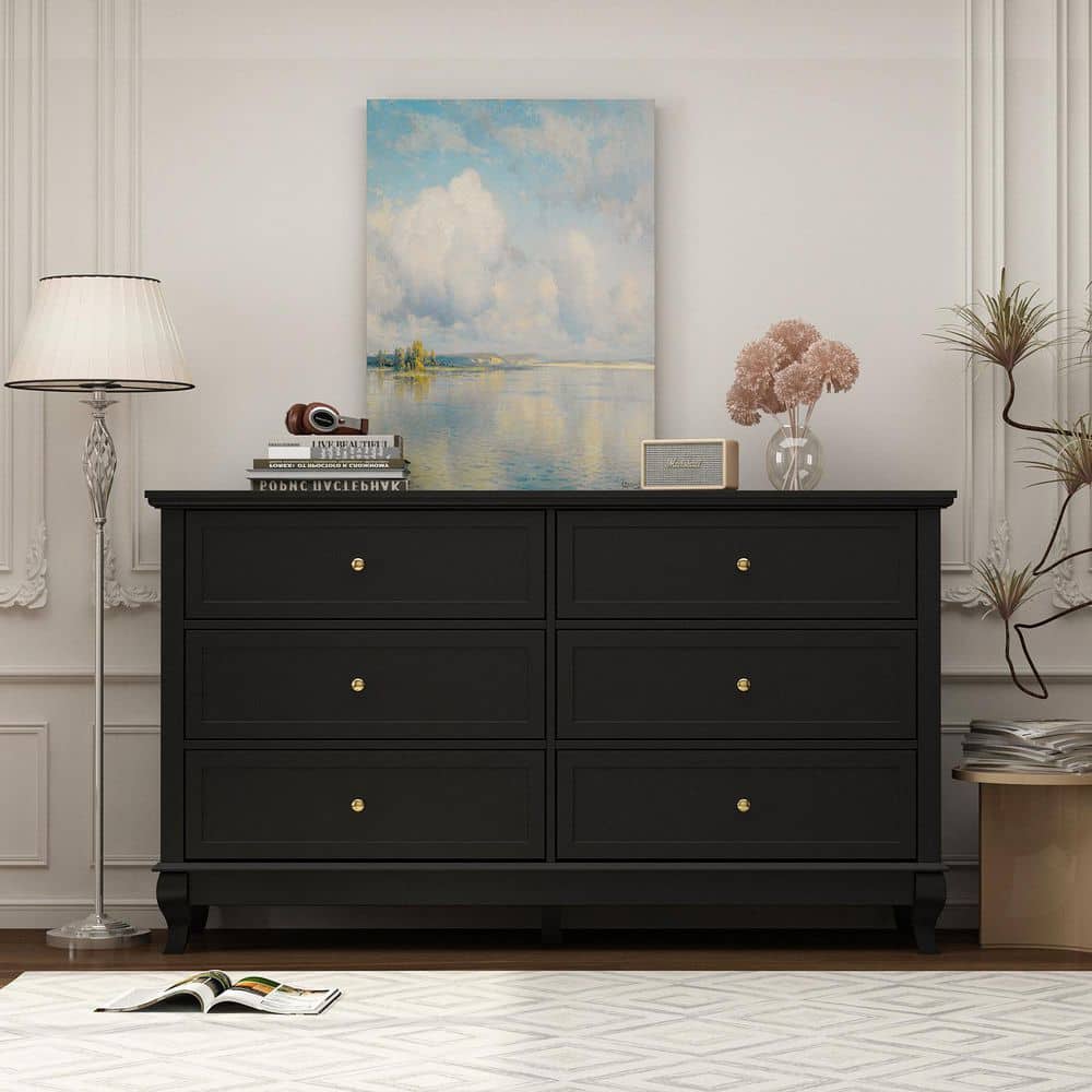 WIAWG 6-Drawers Eco-Friendly Paint Finish Black Wood Dresser
