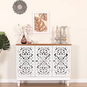 White Hollow-Carved Cabinet with 3-Door