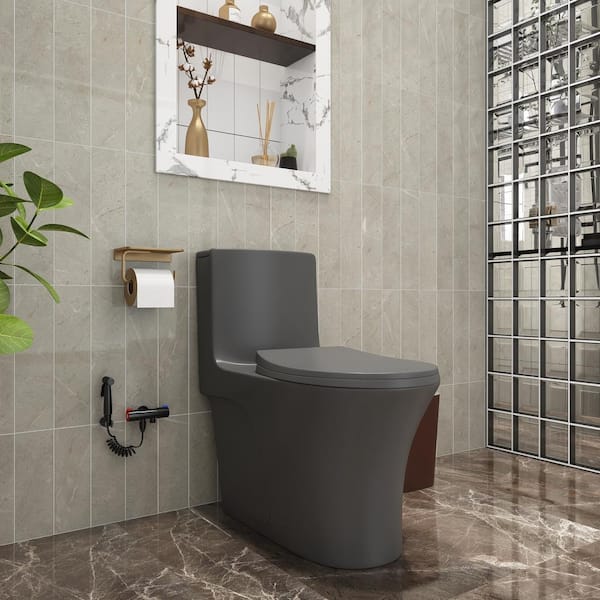 Unbranded 1-Piece 1.1/1.6 GPF Dual Flush Elongated Toilet in Light Grey