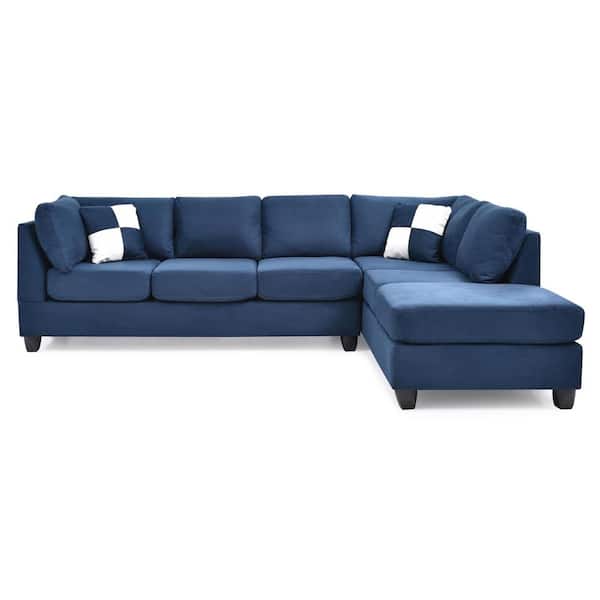 AndMakers Malone 111 in. Navy Blue Suede 4-Seater Sectional Sofa with 2-Throw Pillow
