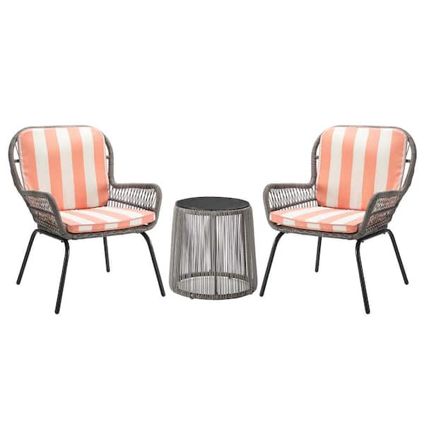 3-Piece Wicker Outdoor Bistro Set with Blush Cushion