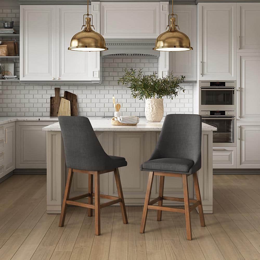 Luca Dark Gray Fabric Upholstered Counter Bar Stools with Brown Wood Legs - Set of 2