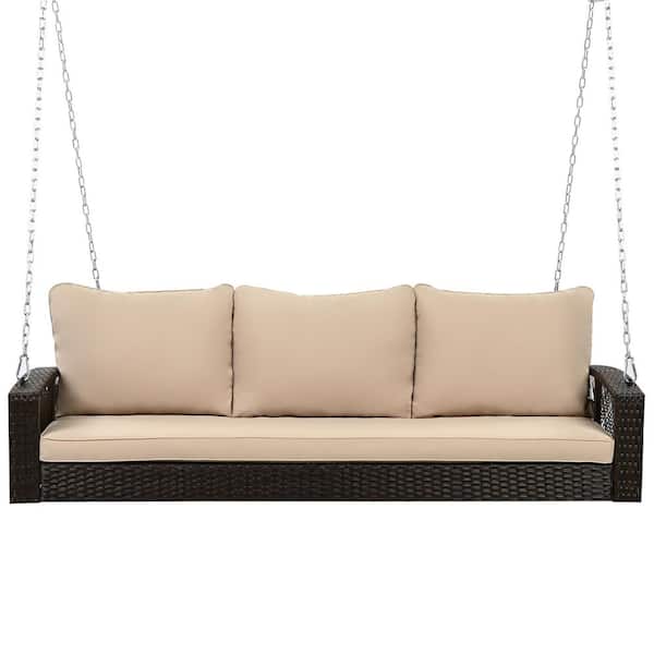 Sudzendf 3-Person Brown PE Wicker Porch Swing, Large Patio Swing Bench with Brown Cushions and Chains