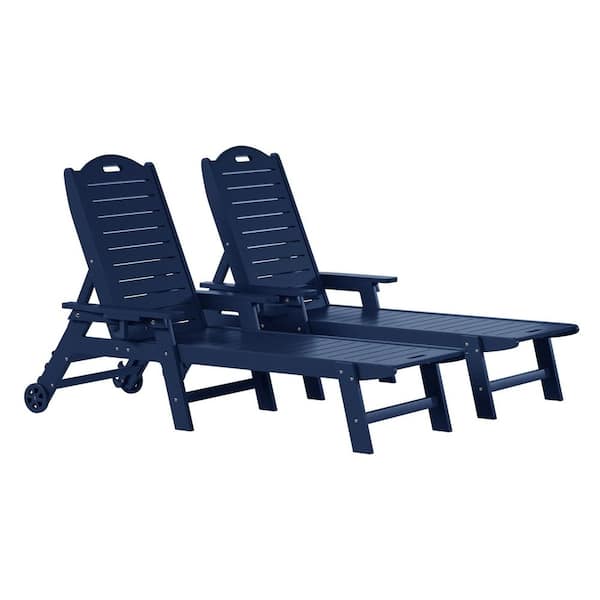 Brighton Outdoor Patio Navy Blue Poly Plastic Set of 2 Reclining Chaise Lounge Cup Holder Pool Chairs w/ Wheels