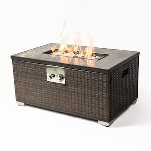 32 in. Rattan Outdoor Fire Table Rectangle Gas Fire Pit in Brown