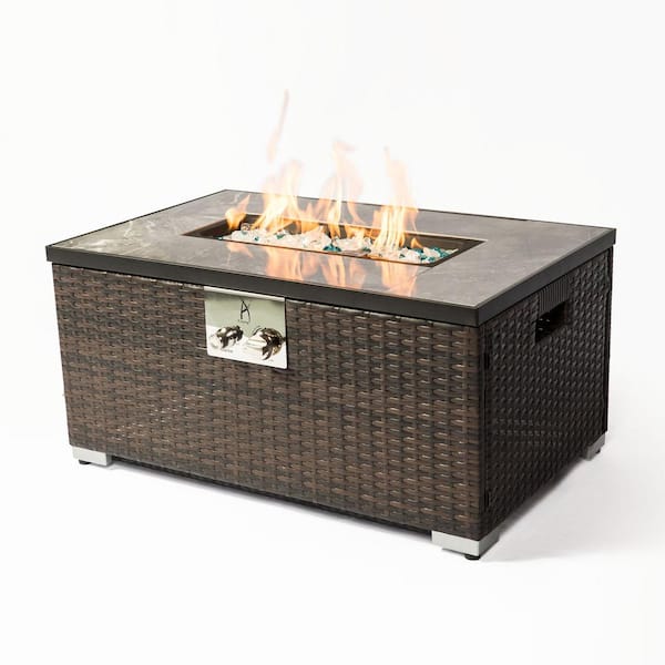 maocao hoom 32 in. Rattan Outdoor Fire Table Rectangle Gas Fire Pit in Brown