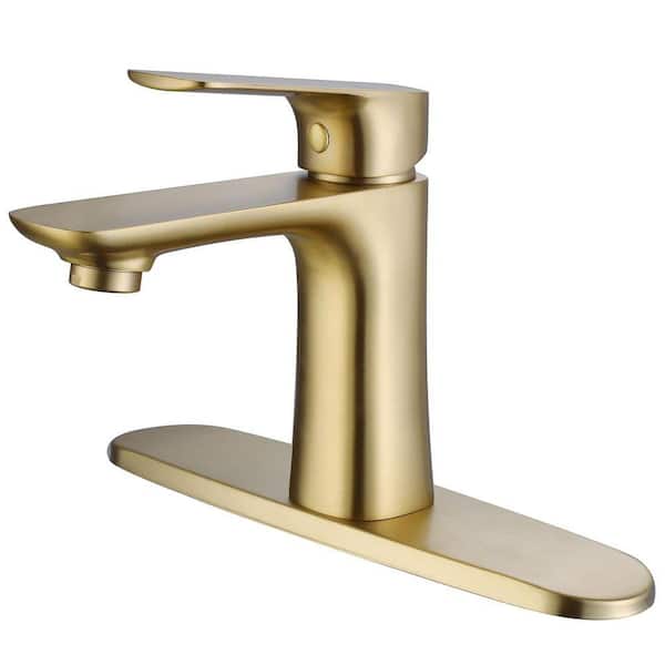 4 in. Centerset Single Handle Mid Arc Bathroom Faucet with Drain Kit Included in Brushed Gold