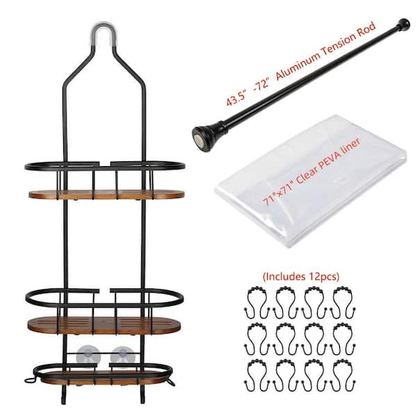 Utopia Alley Tia Rustproof Teak Overhead Shower Caddy with 3-Shelves, Matt Black Finish