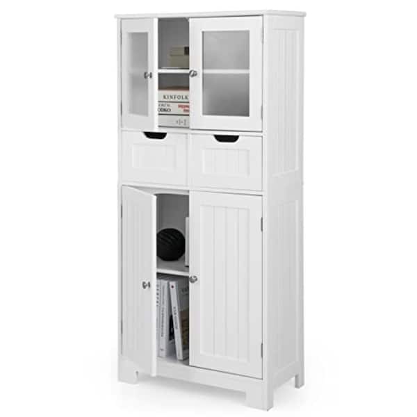 Bathroom Floor Cabinet, 4 Door Storage with 2 Drawers and Glass Doors, Freestanding Organizer