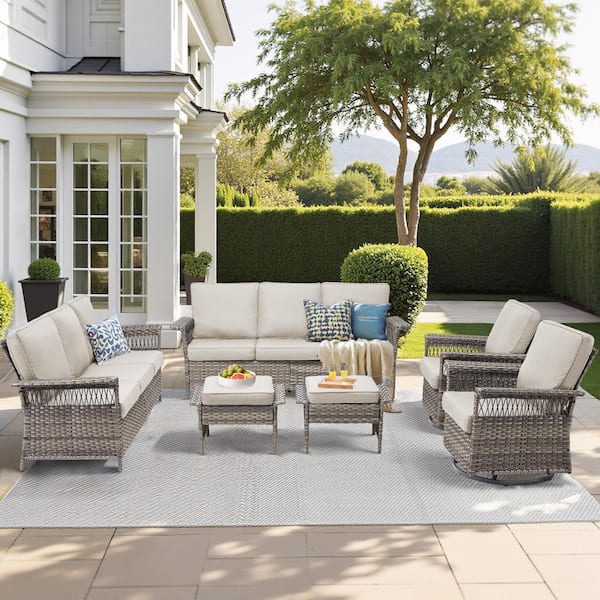 Nyajiah 6-Piece Wicker Outdoor Patio Conversation Set with Beige Cushions