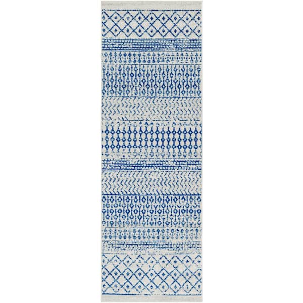 Livabliss Alois Cream/Royal Blue Geometric 3 ft. x 16 ft. Indoor Runner Area Rug
