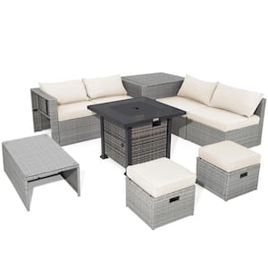 9-Piece Wicker Patio Conversation Set with 32-Inch Propane Fire Pit Table and Off White Cushions