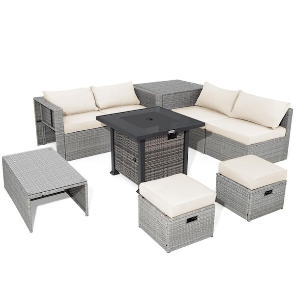 ANGELES HOME 9-Piece Wicker Patio Conversation Set with 32-Inch Propane Fire Pit Table and Off White Cushions