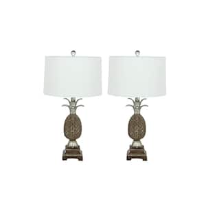 28 in. Brown Polystone Pineapple Fruit Task and Reading Table Lamp (Set of 2)