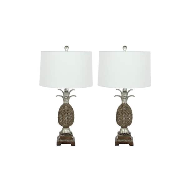 Litton Lane 28 in. Brown Polystone Pineapple Fruit Task and Reading Table Lamp (Set of 2)
