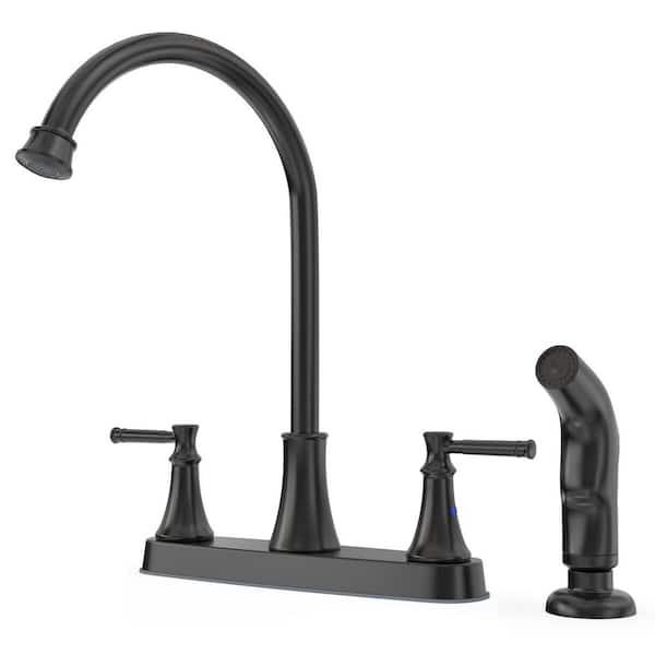 2-Handles Deck Mount 8 in. Centerset Standard Kitchen Faucet with Side Sprayer 3 Hole or 4 Hole in Matte Black