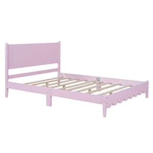 Pink Wood Frame Full Size Retro Style Platform Bed with Rectangular Headboard, No Need Box Spring