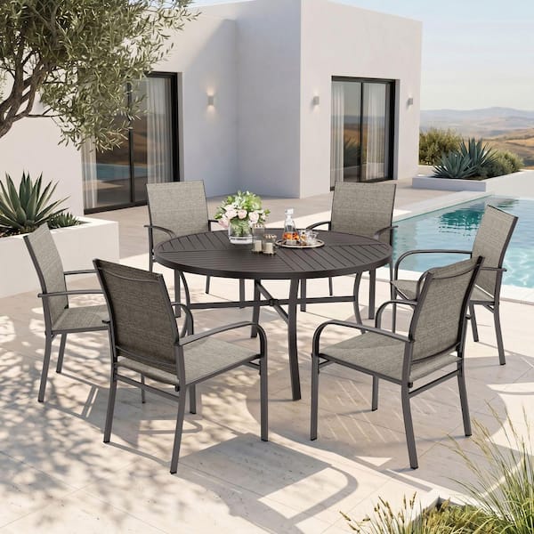Black 7-Piece Metal Slat Round Table Outdoor Patio Dining Set with Brown Textilene Chairs