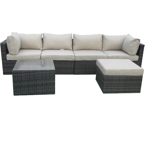 Unbranded 6-Pieces Corner Sofa Set, Wicker Aluminum Frame Outdoor Sectional Set with Washed Taupe Cushion - Full Assembled