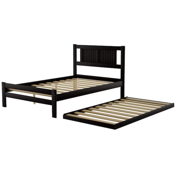 Qualler Espresso Full Size Platform Bed with Adjustable Trundle