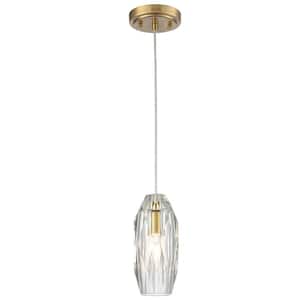 60 Watt 1 Light Gold Finished Shaded Pendant Light with Clear glass Glass Shade and No Bulbs Included