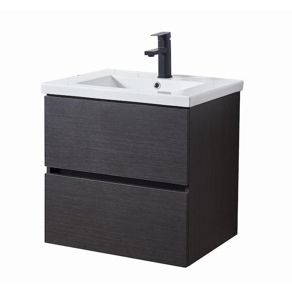 Comllen 24 in. W x 18 in. D x 23 in. H Wall Hanging Black Wood Grain Bathroom Vanity with White Single Ceramic Sink Top