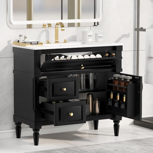 36 in. Single Sink Freestanding Black Bath Vanity with White Ceramic Top, 3-Drawers, Door Racks, Soft-Close Hinges