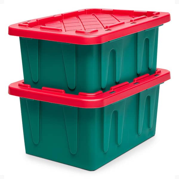 Durabilt 15 Gallon Heavy Duty Holiday Storage Tote, Green/Red (2 Pack)