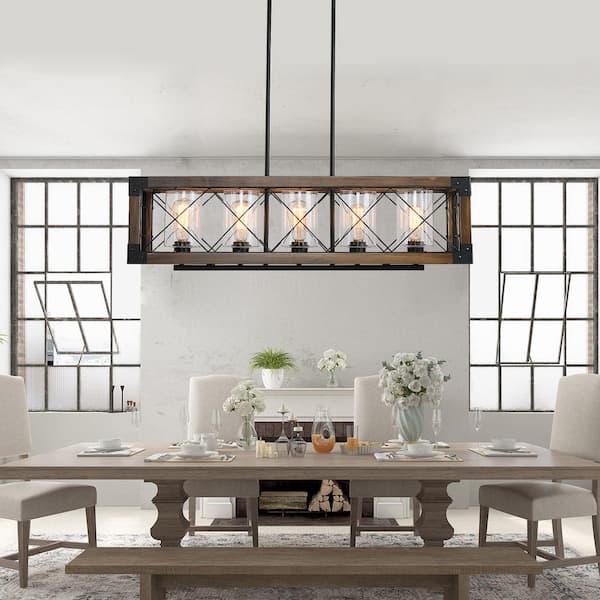 5-Light Black Color Candle Kitchen Island Linear Chandelier With Iron Shade