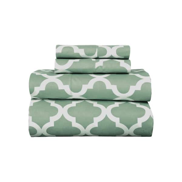 HomeRoots 4-Piece Green and White Novelty Microfiber Queen Sheet Set