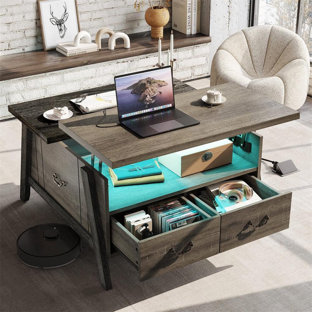 Bestier 35.43 in. Retro Grey Oak Dark Lift Top Coffee Table with LED Light Drawer and Cable Management Hole L300309B RGOD The Home Depot