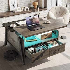 35.43 in. Retro Grey Oak-Dark Lift-Top Coffee Table with LED Light, Drawer and Cable Management Hole