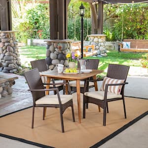 Marias Brown 5-Piece Wood and Faux Rattan Outdoor Dining Set with Cream Cushions