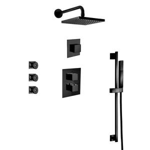 Quadro 3-Spray Square Showerhead and Wall Bar Kit with Handheld Shower and Body Jets in Matte Black