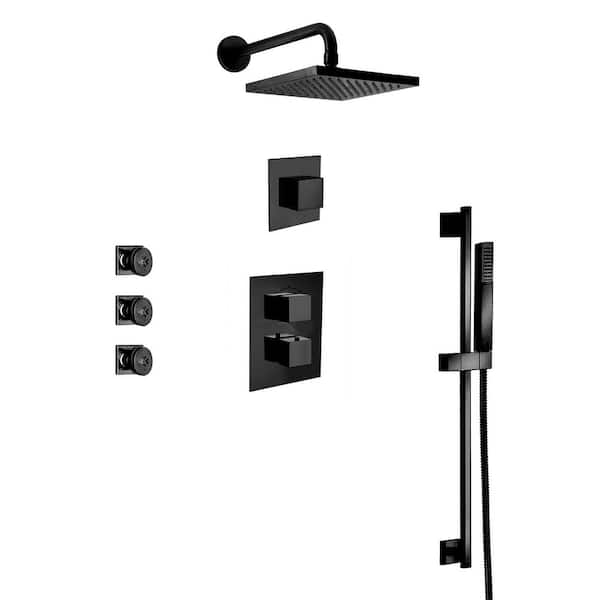 LaToscana Quadro 3-Spray Square Showerhead and Wall Bar Kit with Handheld Shower and Body Jets in Matte Black