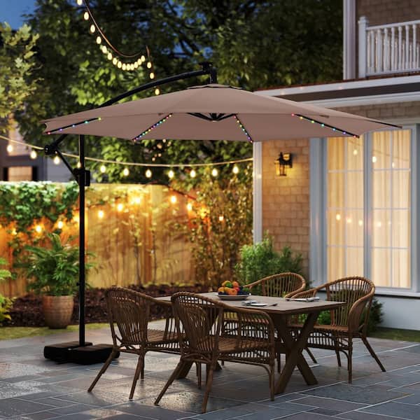 10 ft. Solar Offset Hanging Tilt Cantilever Patio Umbrella with Base in Coffee