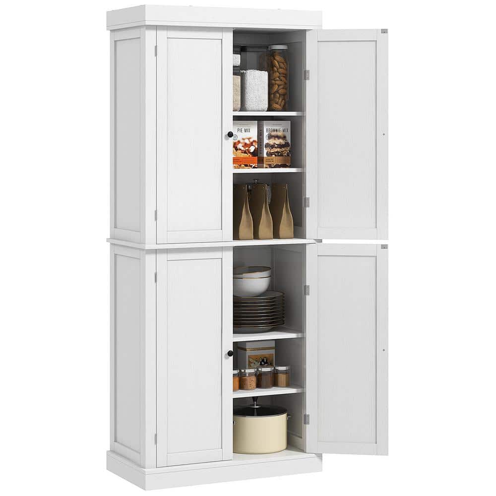 72" White Wood Grain Shaker Style Freestanding Kitchen Pantry Cabinet