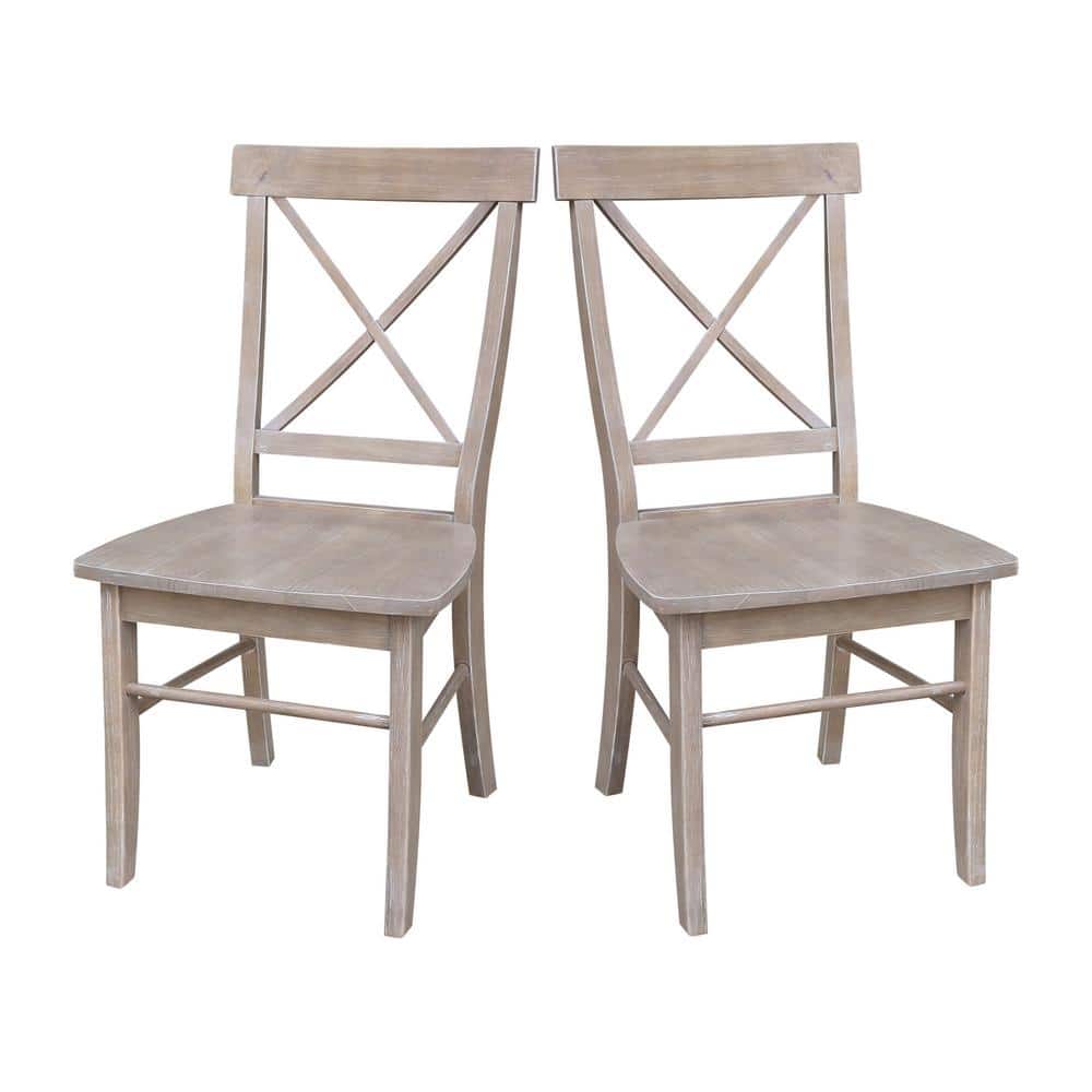 Washed Gray Taupe Solid Wood X-Back Dining Chairs, Set of 2