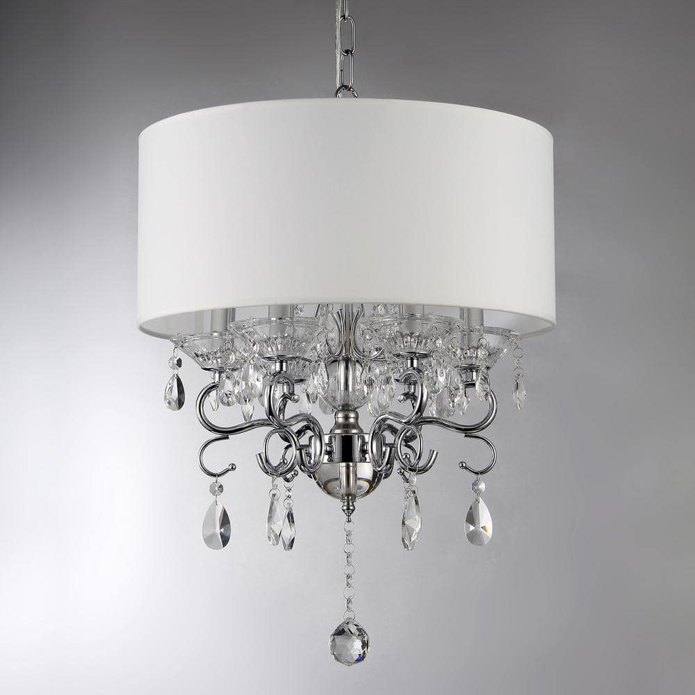 Elegant Chrome Drum Chandelier with Ivory Faux Silk Shade and Crystal Accents