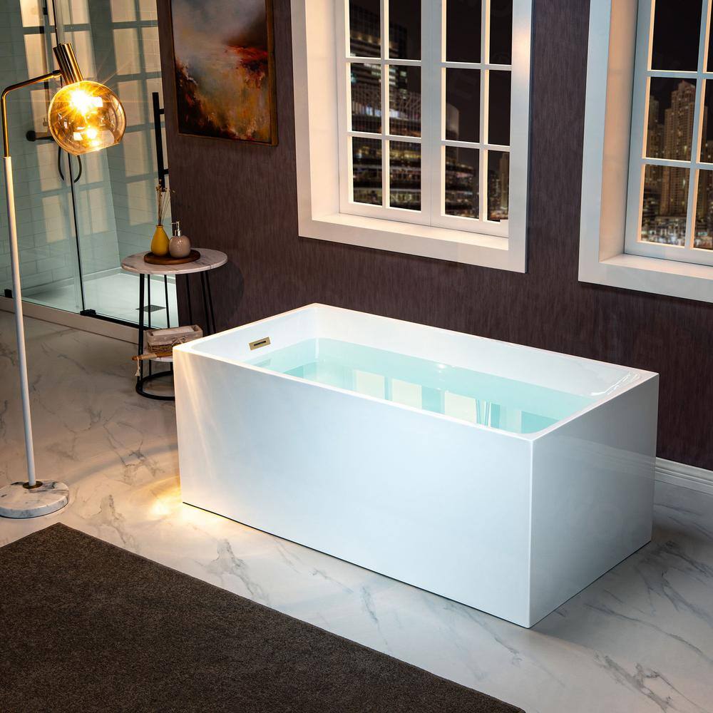 67" White Acrylic Freestanding Rectangular Bathtub with Brushed Gold Trim