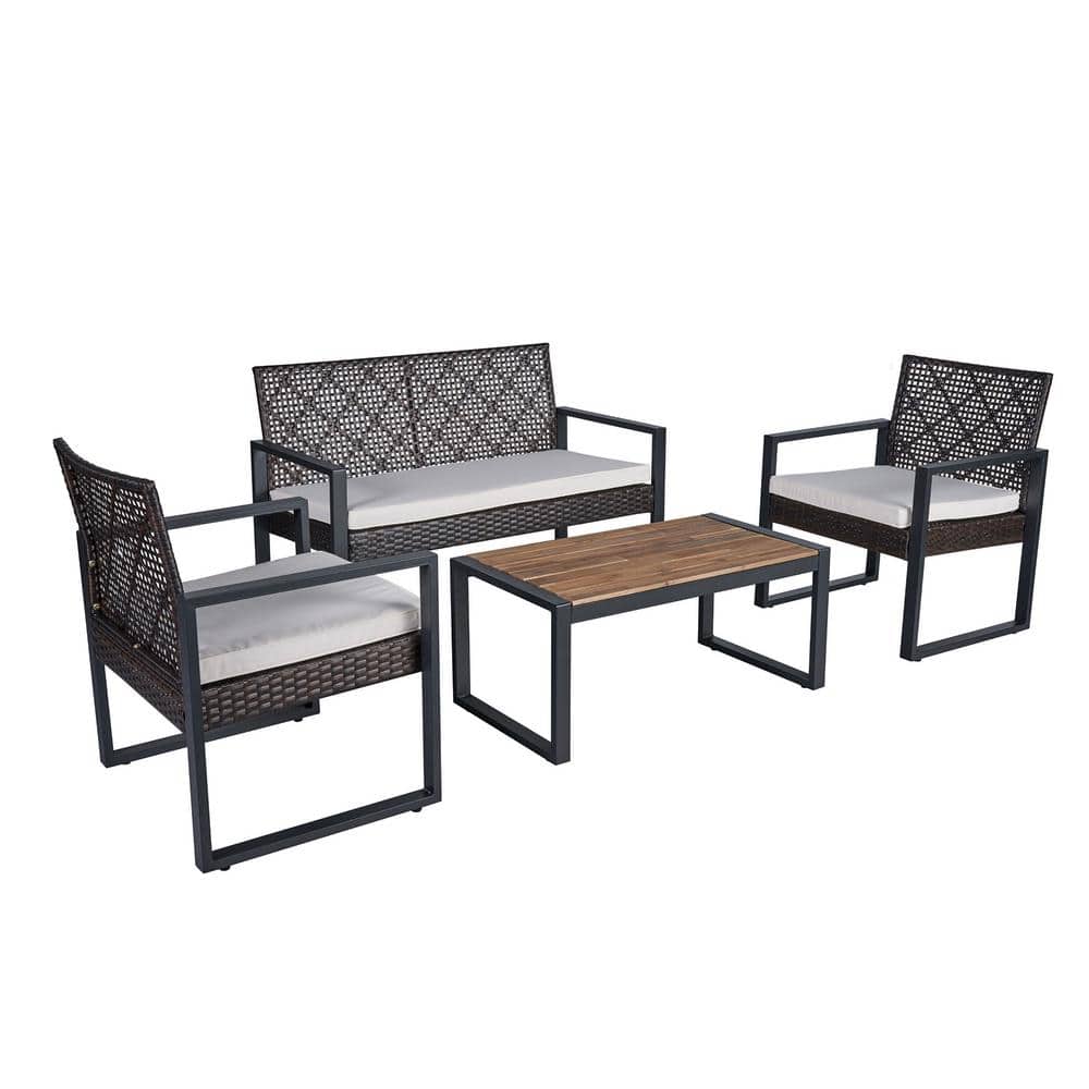 4-Piece Wicker Outdoor Sectional with Gray Cushions