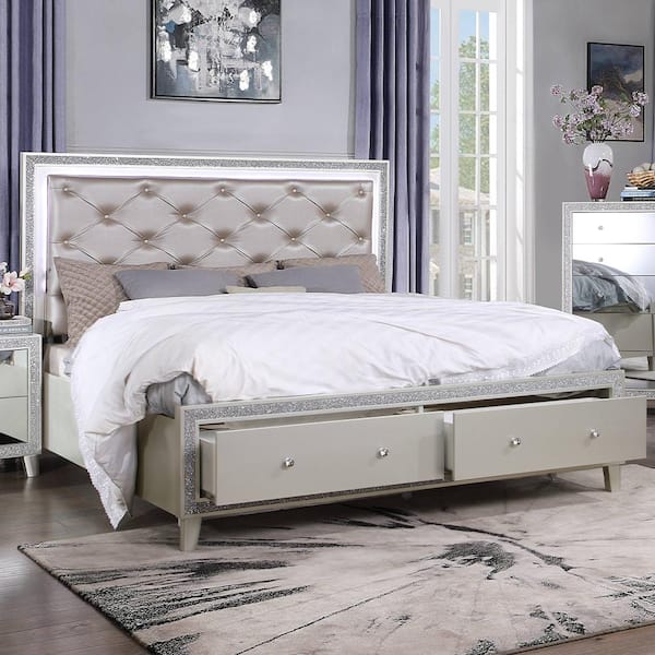 Acme Furniture Sliverfluff Beige and Champagne Wood Frame Queen Platform Bed