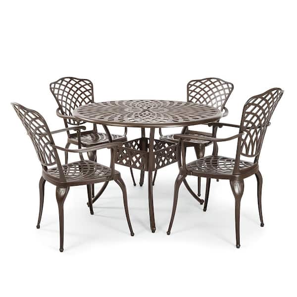 Kinger Home 5-Piece Cast Aluminum Outdoor Patio Dining Table Set with a Lattice Weave Design in Bronze