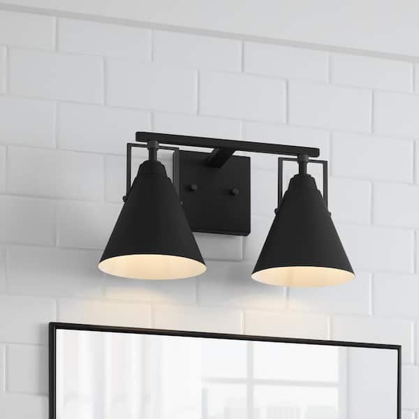 Insdale 2-Light Matte Black Modern Industrial Bathroom Vanity Light with Black Metal Shades